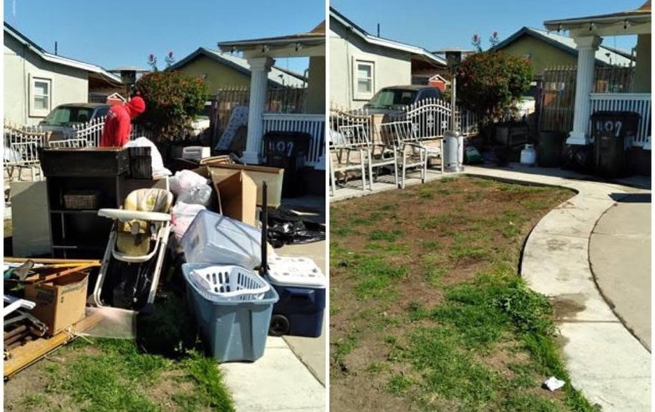 A Junk Genies before-and-after: a curbside pile of furniture and junk cleared to a clean, empty yard