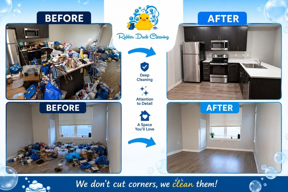 Before and after: a cluttered apartment kitchen and living room cleaned move-in ready
